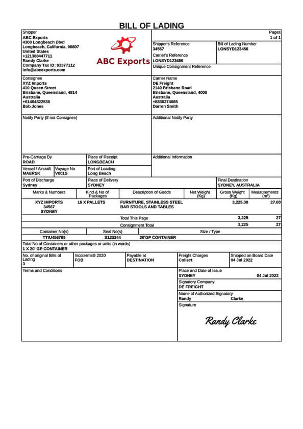 Bill of lading template